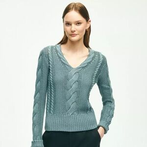 Brooks Brothers Turquoise Blue Green Cotton Multi-Cable V-Neck Sweater, Medium